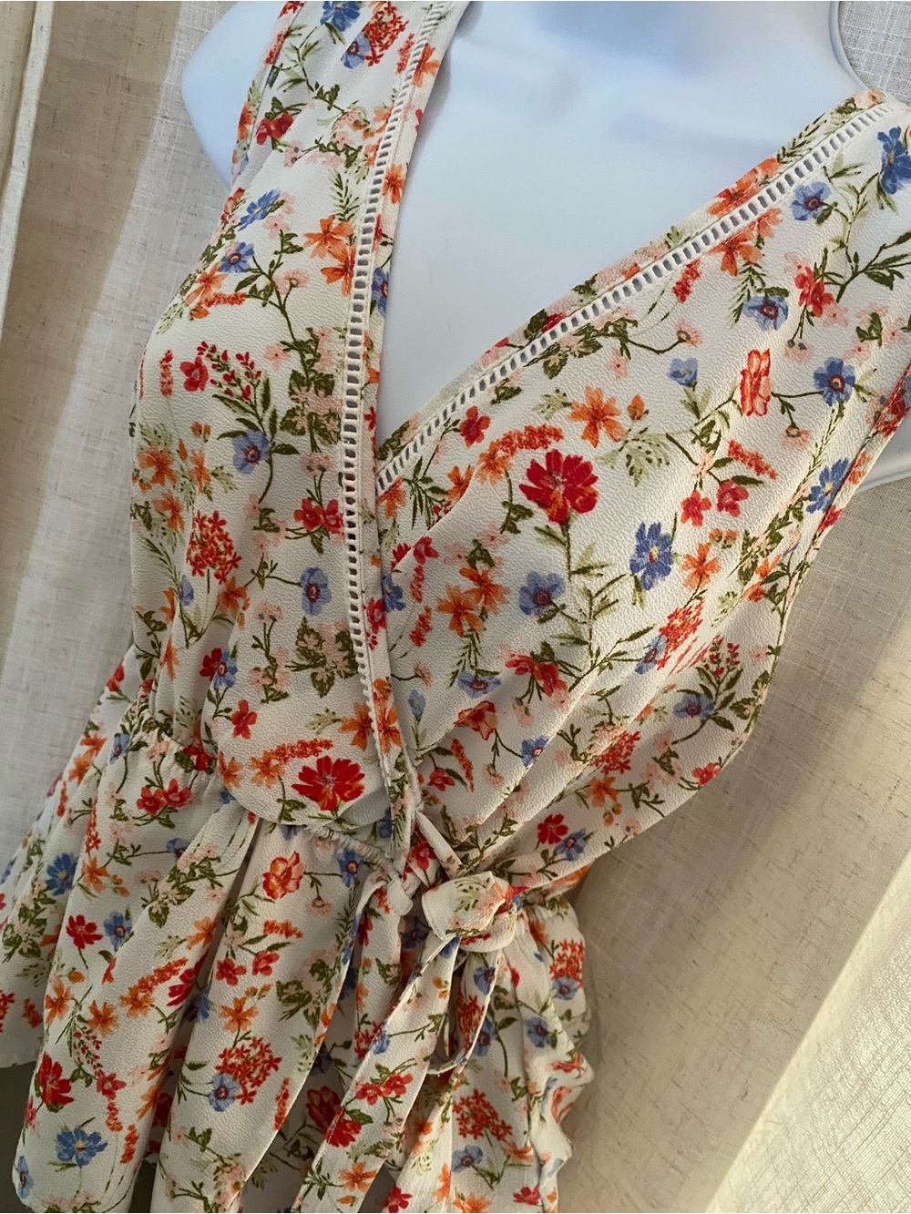 Floral Wrap Camisole in Cream with Red & Blue Blooms - Picture 2 of 11